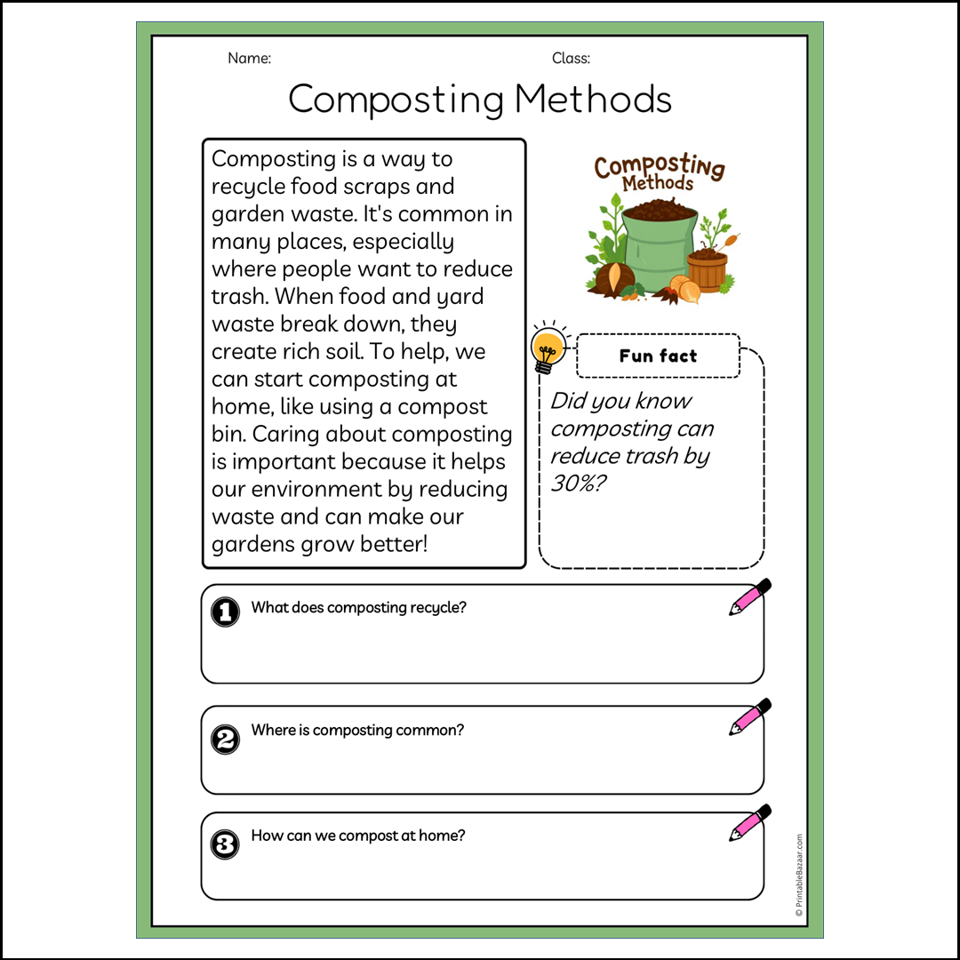 Composting Methods | Reading Passage Comprehension Questions Writing Facts Worksheet