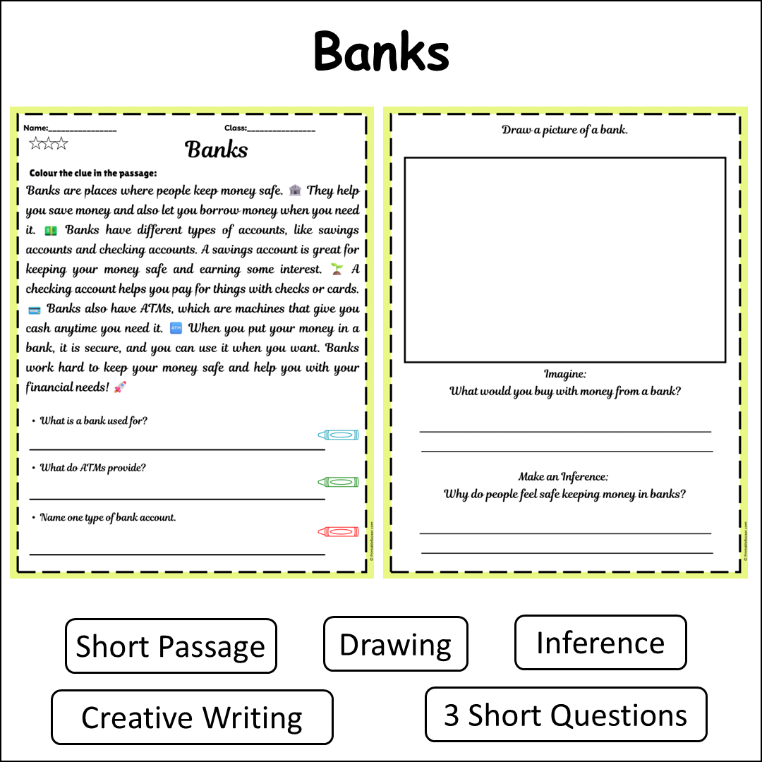 Banks | Short Reading Comprehension Creative Worksheet
