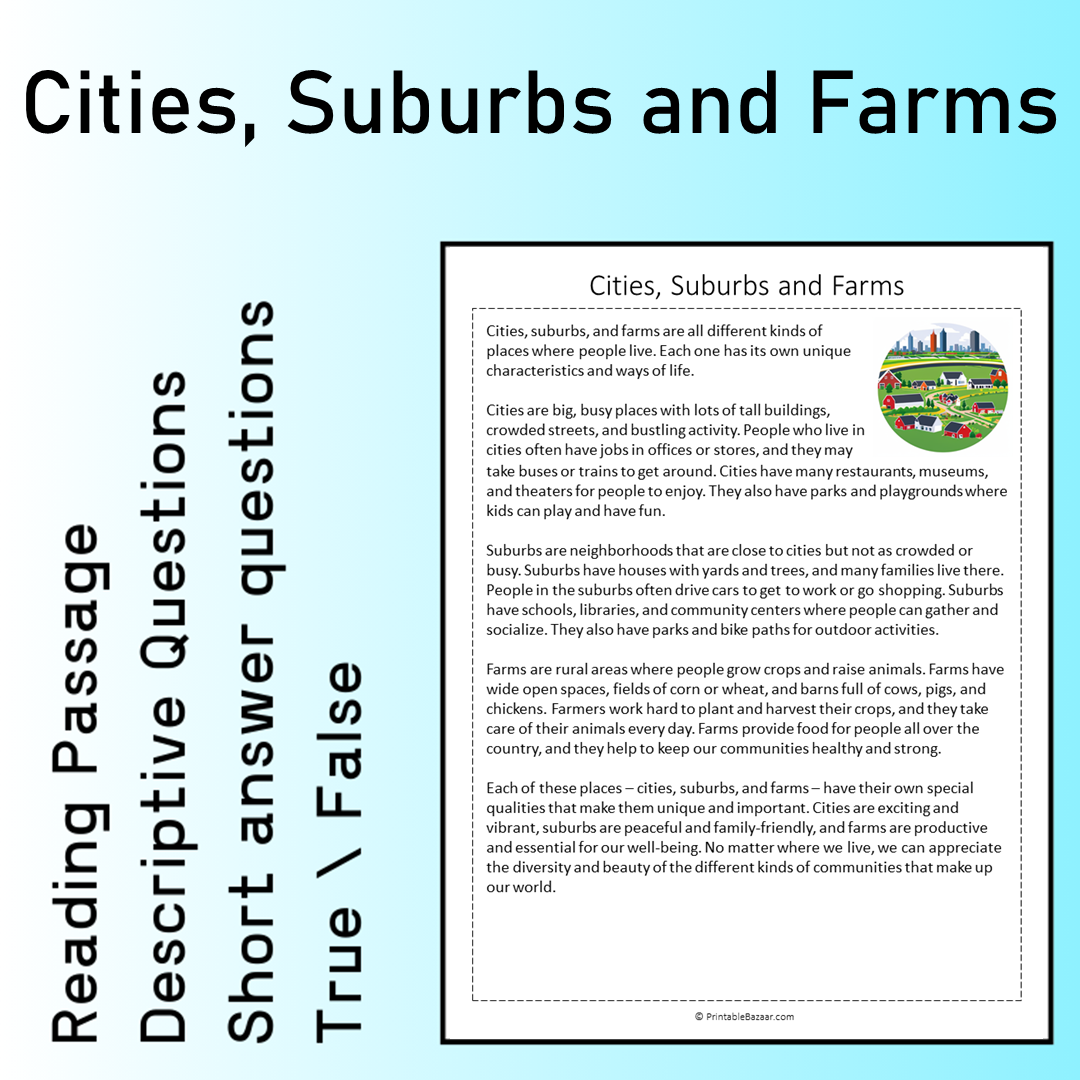 Cities, Suburbs and Farms | Reading Comprehension Passage Printable Worksheet