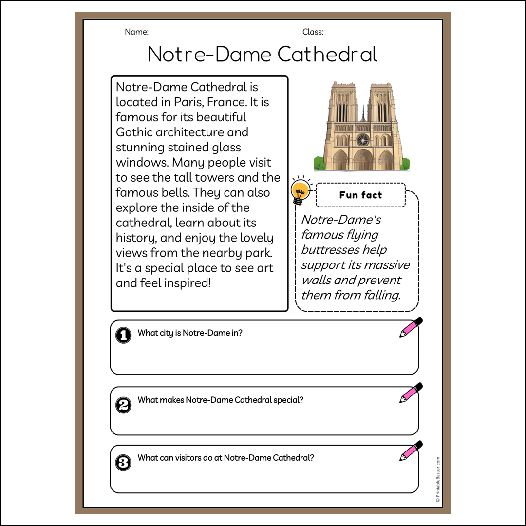 Notre-Dame Cathedral | Reading Passage Comprehension Questions Writing Facts Worksheet