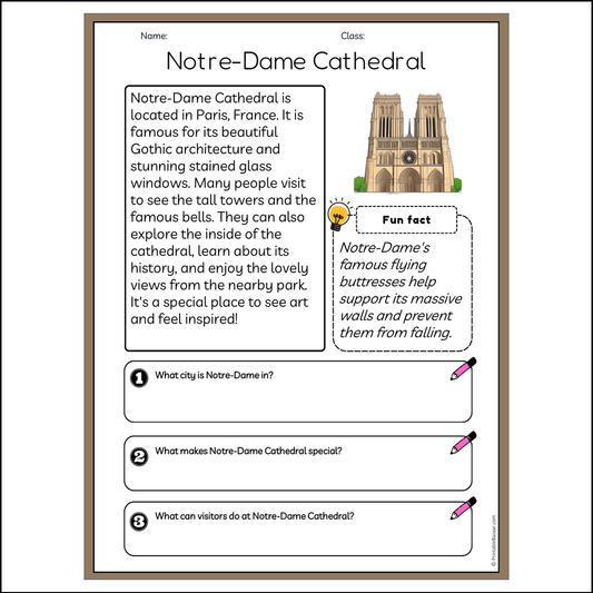 Notre-Dame Cathedral | Reading Passage Comprehension Questions Writing Facts Worksheet