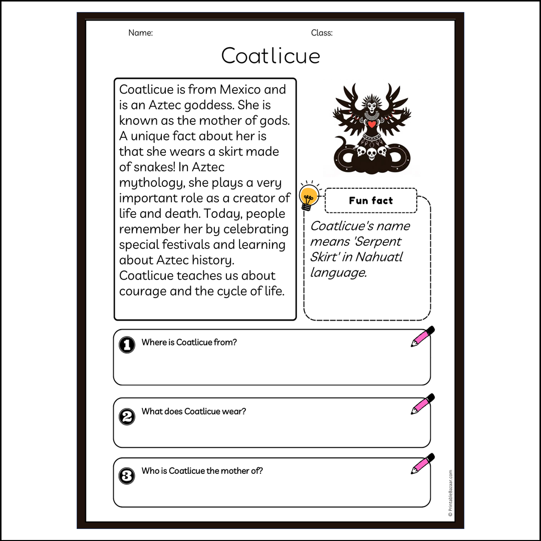 Coatlicue | Reading Passage Comprehension Questions Writing Facts Worksheet