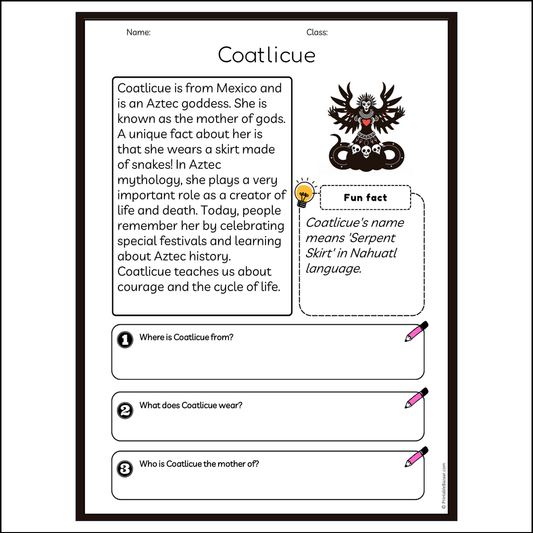 Coatlicue | Reading Passage Comprehension Questions Writing Facts Worksheet