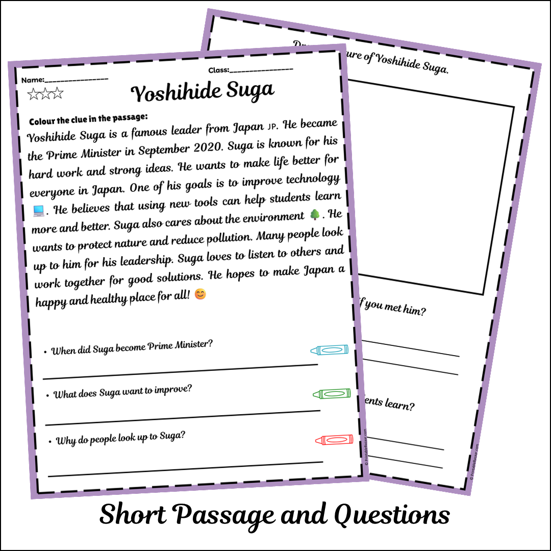 Yoshihide Suga | Short Reading Comprehension Creative Worksheet