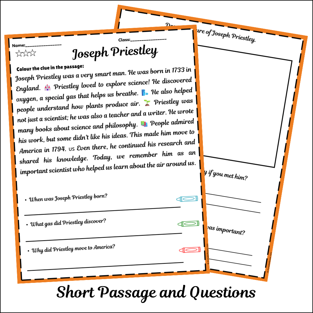 Joseph Priestley | Short Reading Comprehension Creative Worksheet