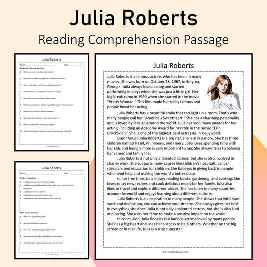 Julia Roberts | Reading Comprehension Passage Printable Activity