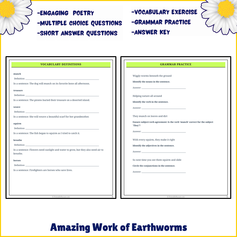 Amazing Work of Earthworms | Poem Grammar Worksheet Printable Activity