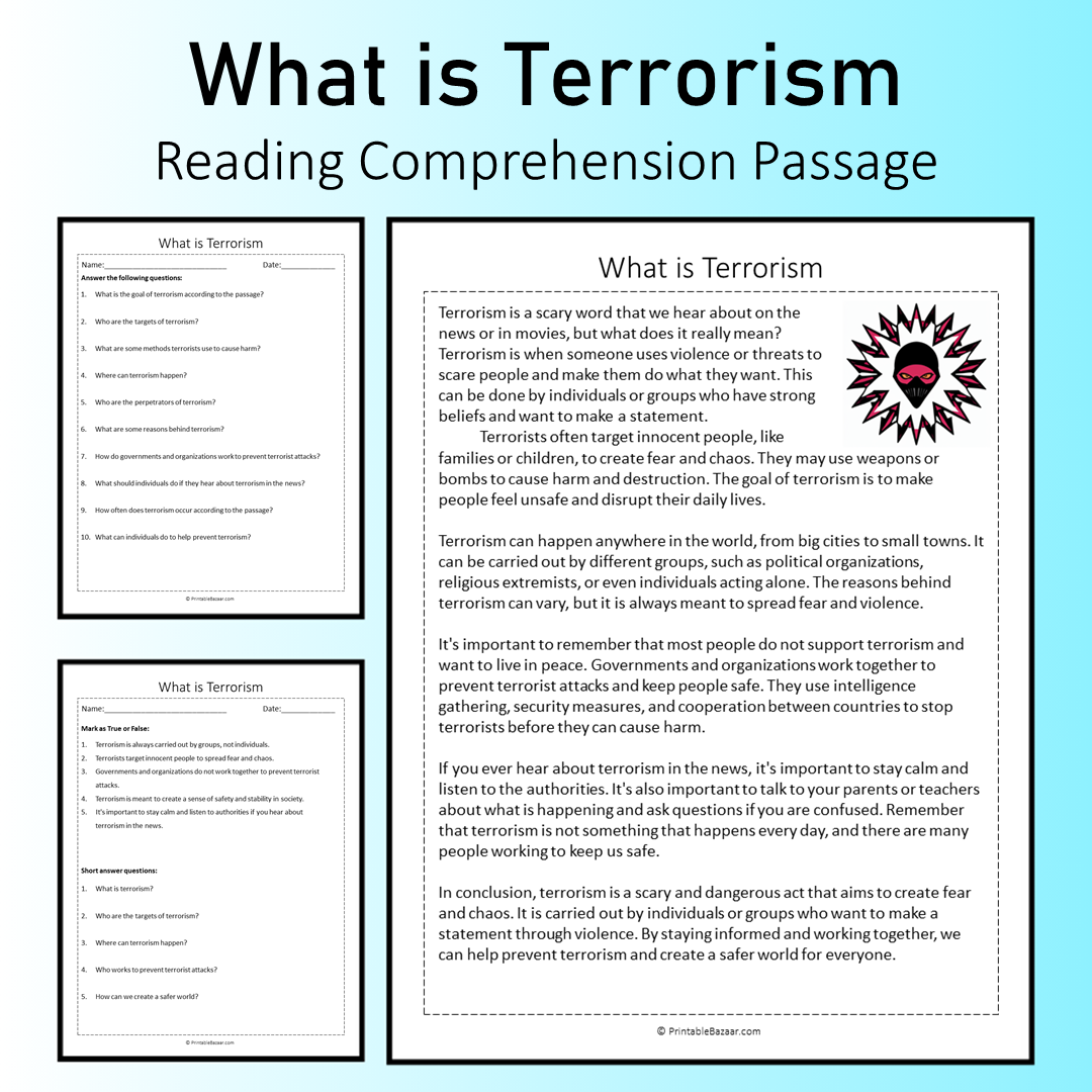 What is Terrorism | Reading Comprehension Passage Printable Worksheet