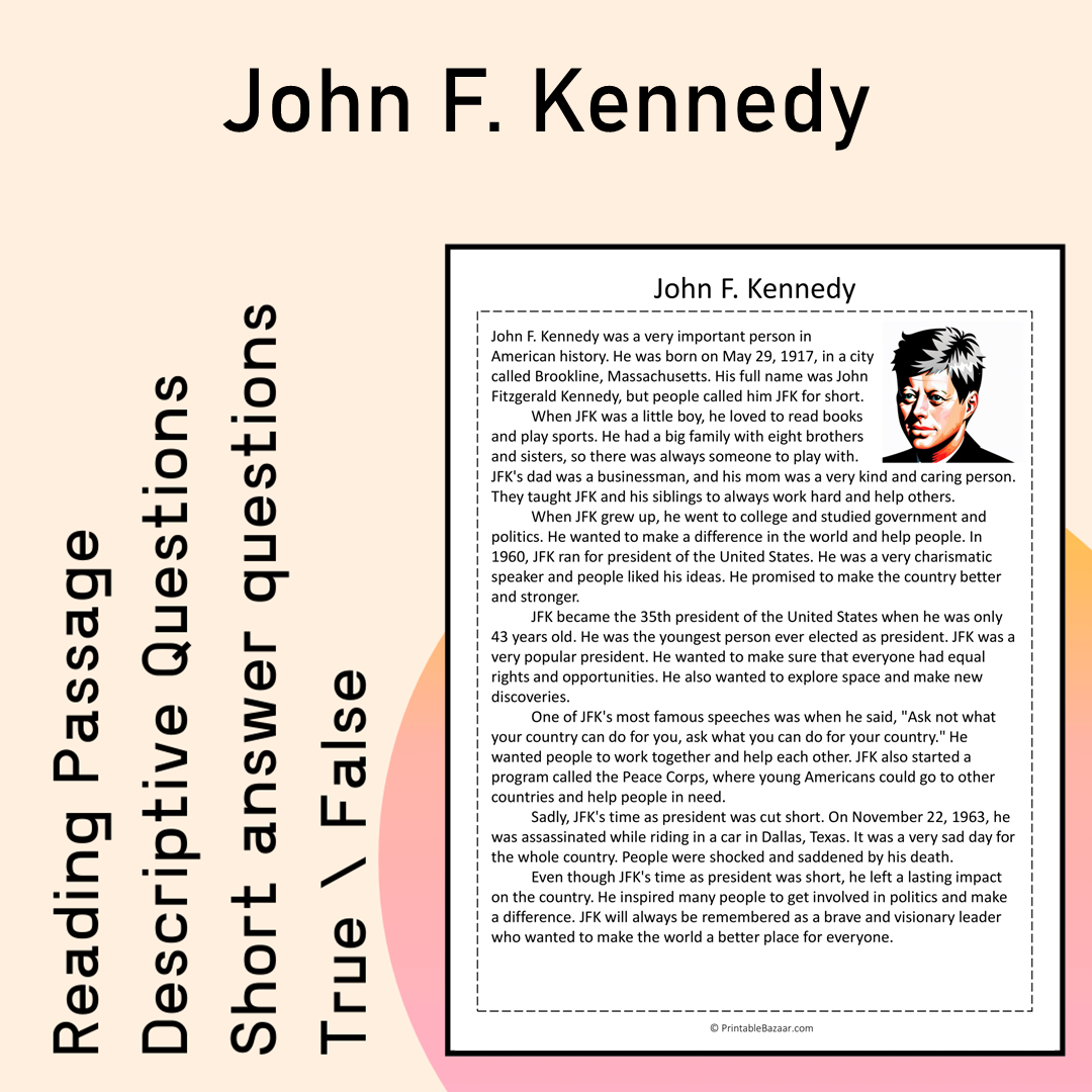 John F. Kennedy | Reading Comprehension Passage Printable Activity