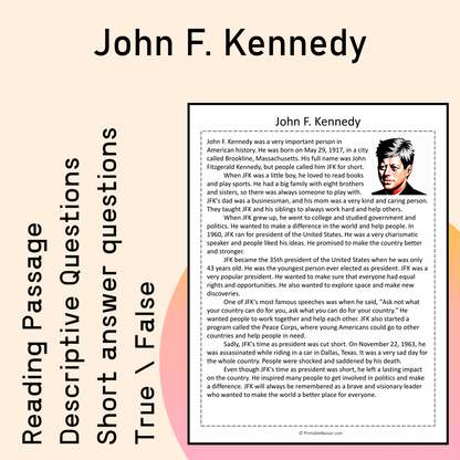 John F. Kennedy | Reading Comprehension Passage Printable Activity