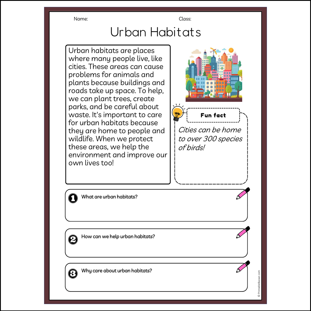 Urban Habitats | Reading Passage Comprehension Questions Writing Facts Worksheet