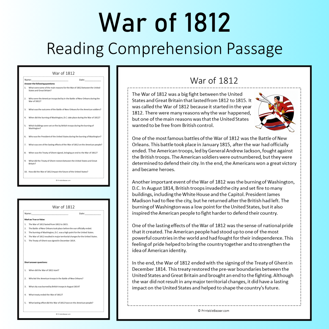 War of 1812 | Reading Comprehension Passage Printable Worksheet