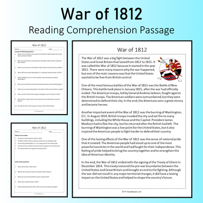 War of 1812 | Reading Comprehension Passage Printable Worksheet