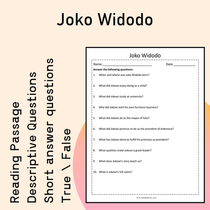 Joko Widodo | Reading Comprehension Passage Printable Activity