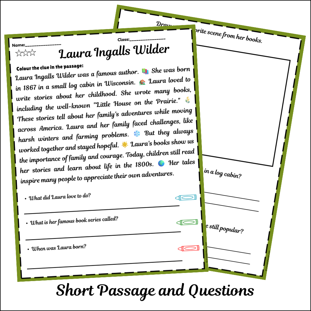 Laura Ingalls Wilder | Short Reading Comprehension Creative Worksheet