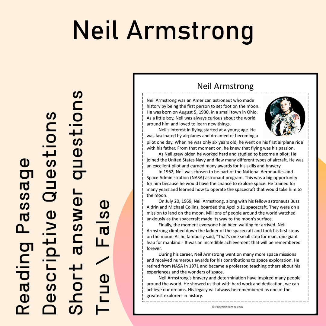 Neil Armstrong | Reading Comprehension Passage Printable Activity