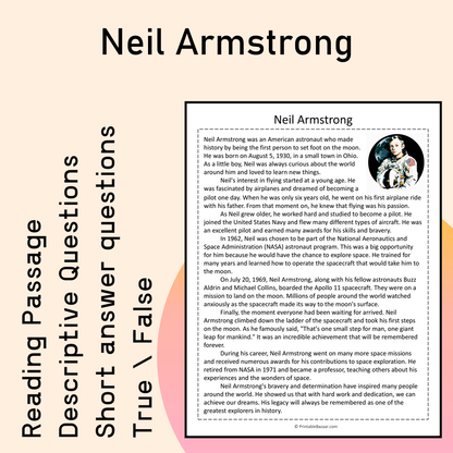 Neil Armstrong | Reading Comprehension Passage Printable Activity