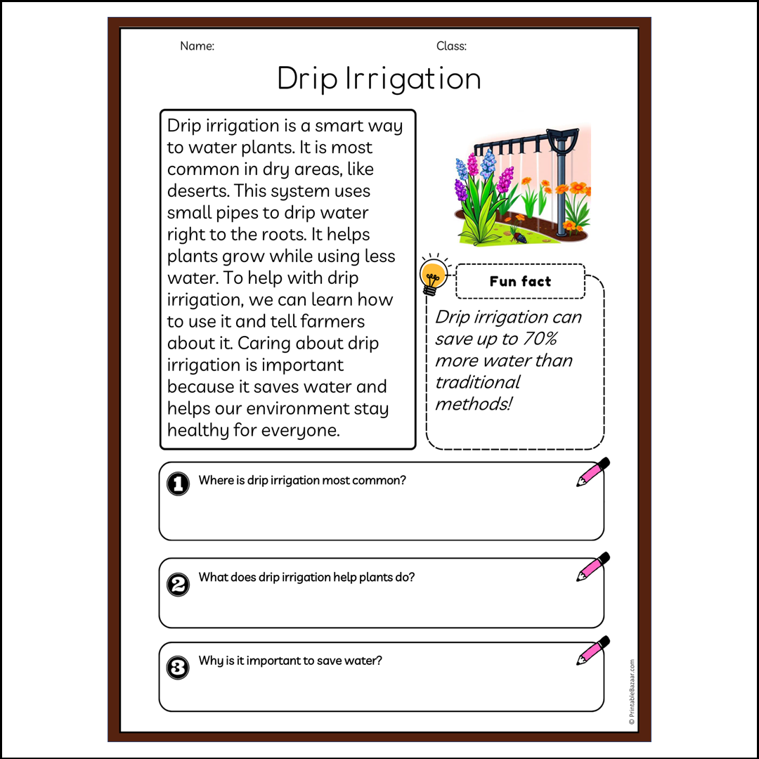 Drip Irrigation | Reading Passage Comprehension Questions Writing Facts Worksheet