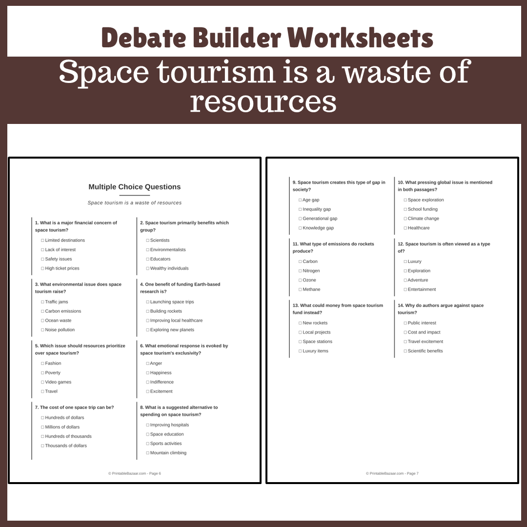 Space tourism is a waste of resources | Favour and Against Worksheet Printable Activity