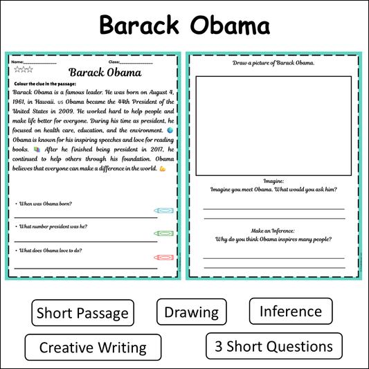 Barack Obama | Short Reading Comprehension Creative Worksheet
