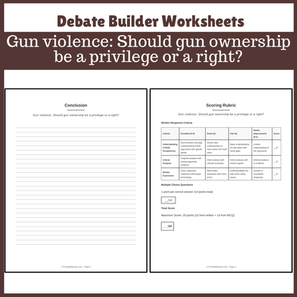 Gun violence: Should gun ownership be a privilege or a right? | Favour and Against Worksheet Printable Activity