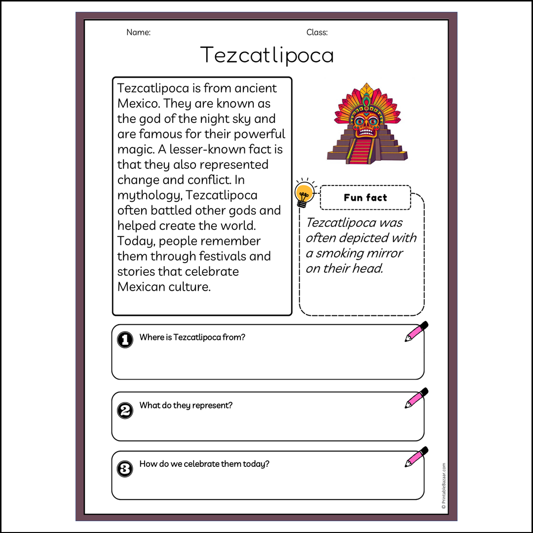 Tezcatlipoca | Reading Passage Comprehension Questions Writing Facts Worksheet