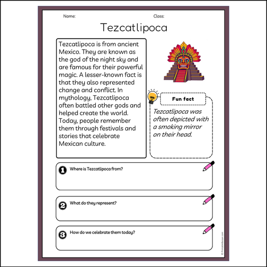 Tezcatlipoca | Reading Passage Comprehension Questions Writing Facts Worksheet