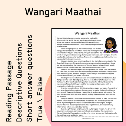 Wangari Maathai | Reading Comprehension Passage Printable Activity