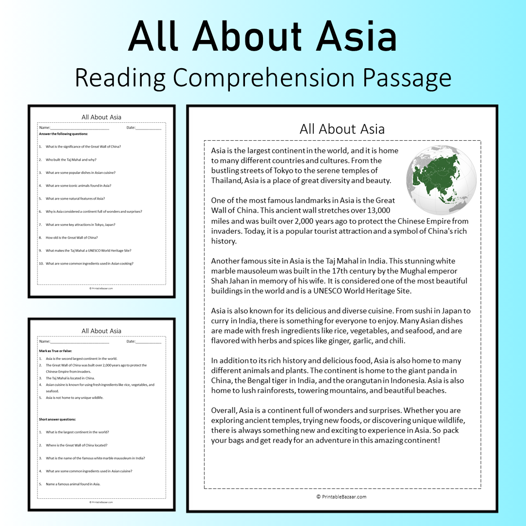 All About Asia | Reading Comprehension Passage Printable Worksheet