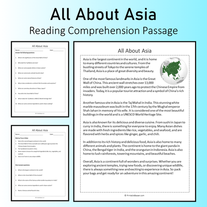 All About Asia | Reading Comprehension Passage Printable Worksheet