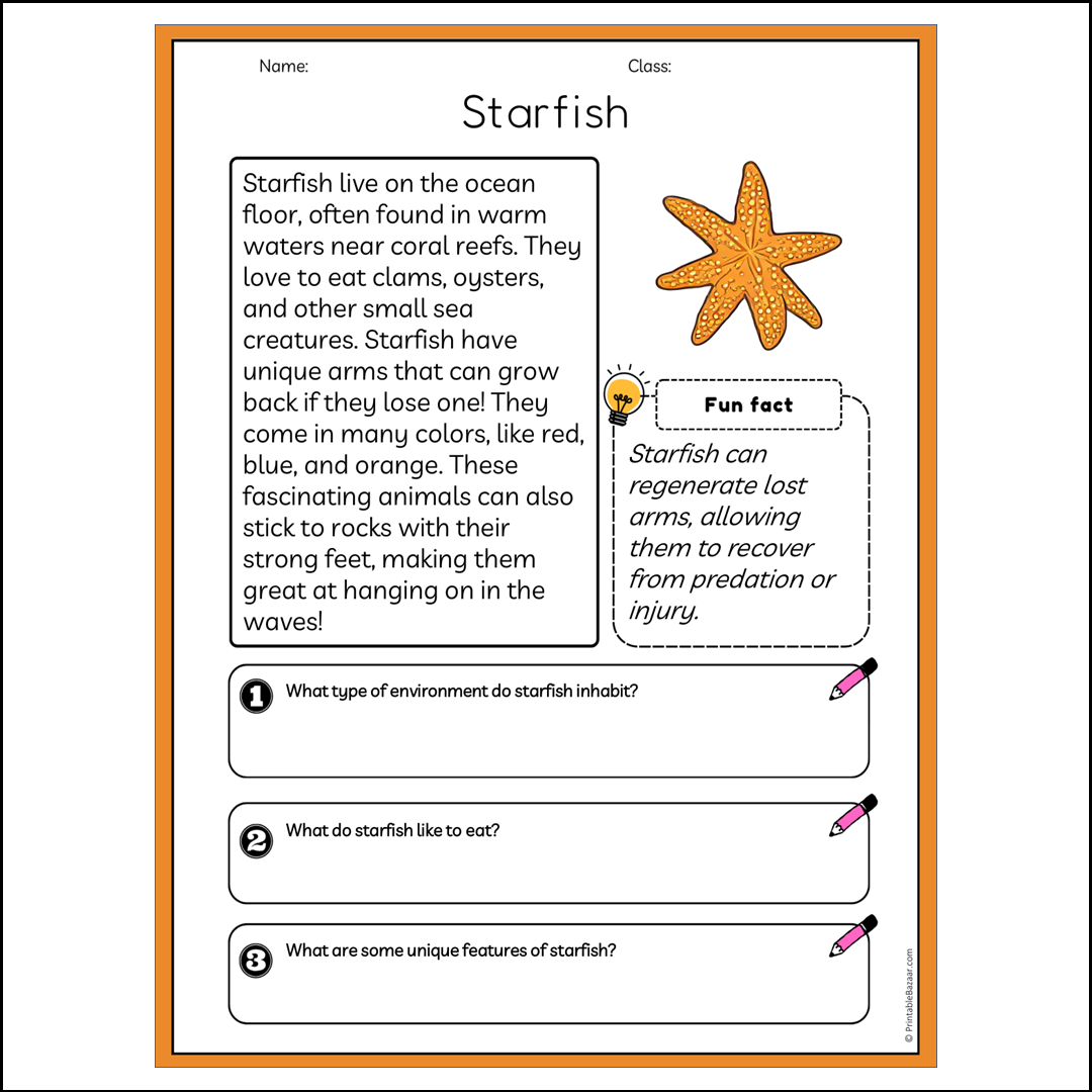 Starfish | Reading Passage Comprehension Questions Writing Facts Worksheet