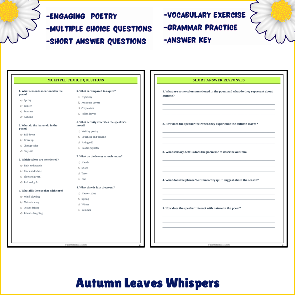 Autumn Leaves Whispers | Poem Grammar Worksheet Printable Activity