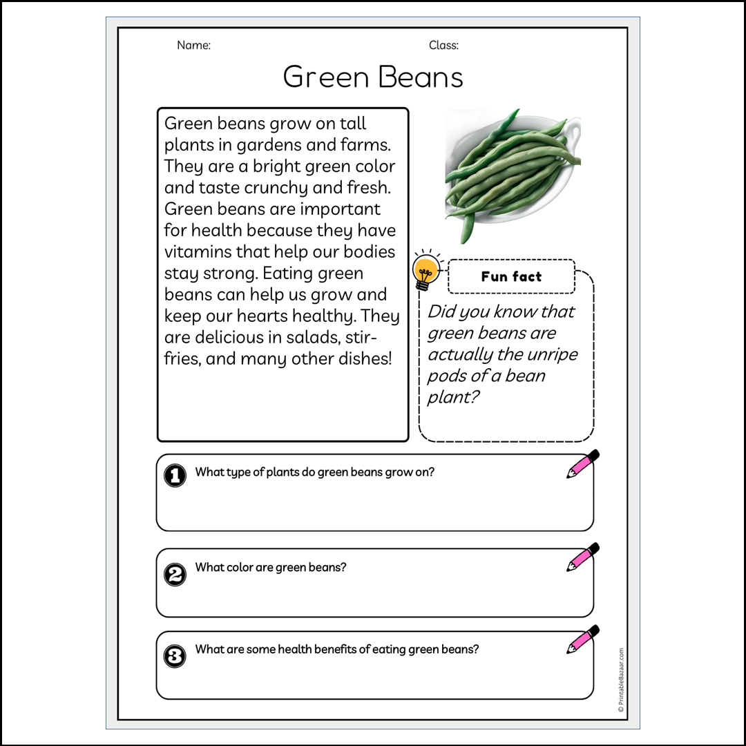 Green Beans | Reading Passage Comprehension Questions Writing Facts Worksheet