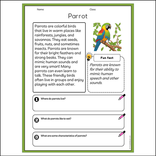 Parrot | Reading Passage Comprehension Questions Writing Facts Worksheet