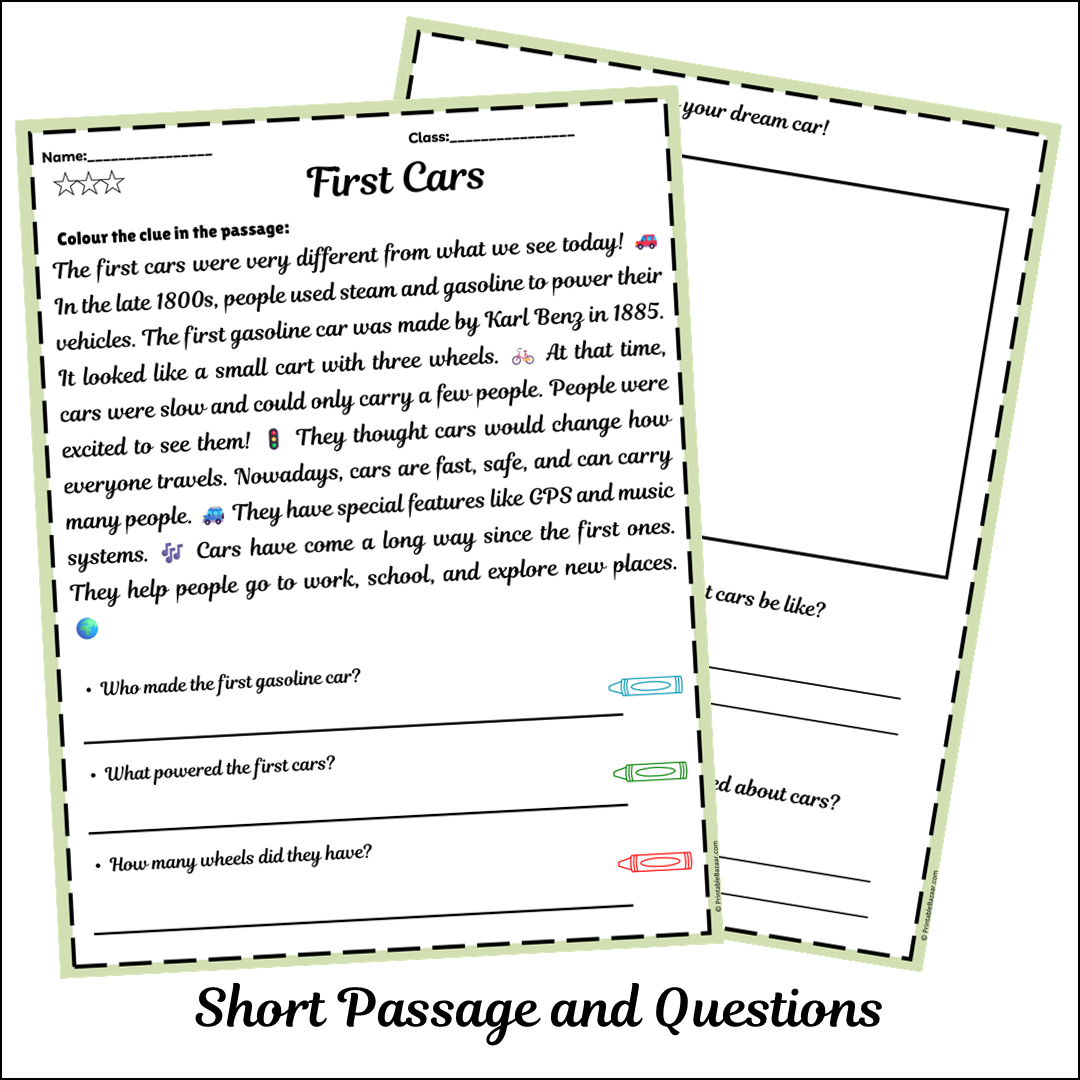First Cars | Short Reading Comprehension Creative Worksheet