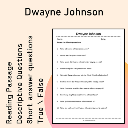 Dwayne Johnson | Reading Comprehension Passage Printable Activity