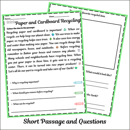 Paper and Cardboard Recycling | Short Reading Comprehension Creative Worksheet