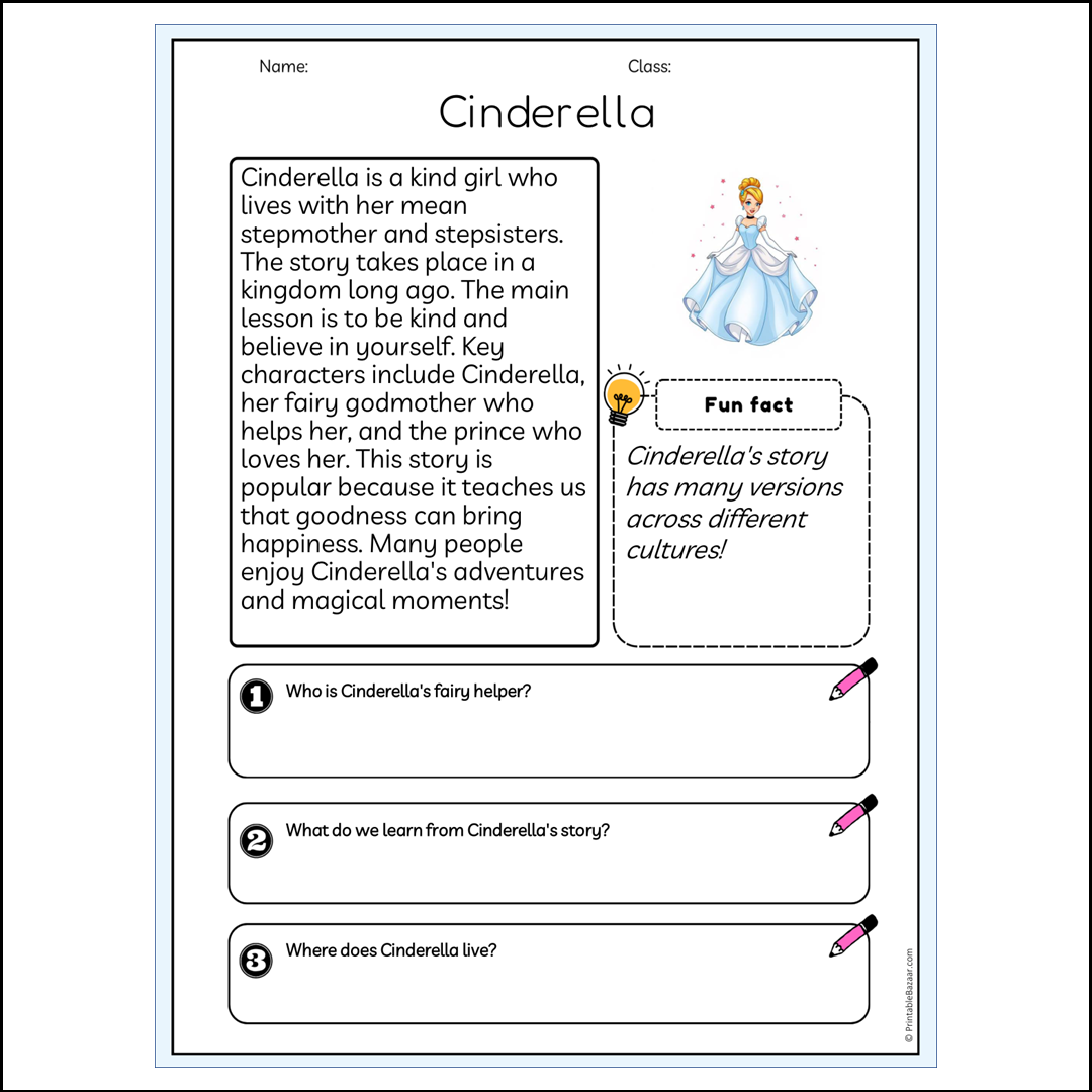 Cinderella | Reading Passage Comprehension Questions Writing Facts Worksheet