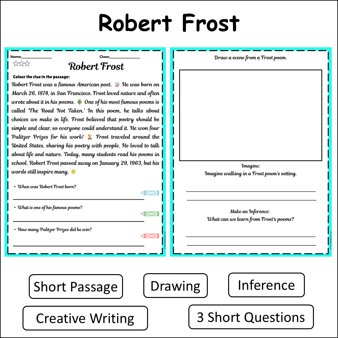 Robert Frost | Short Reading Comprehension Creative Worksheet