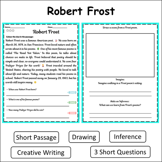 Robert Frost | Short Reading Comprehension Creative Worksheet