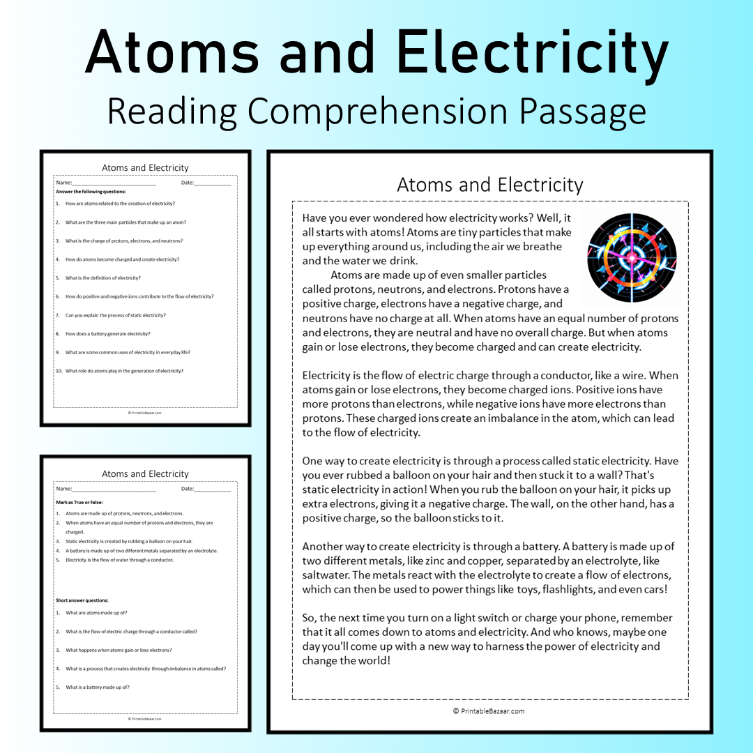 Atoms and Electricity | Reading Comprehension Passage Printable Worksheet