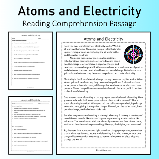Atoms and Electricity | Reading Comprehension Passage Printable Worksheet