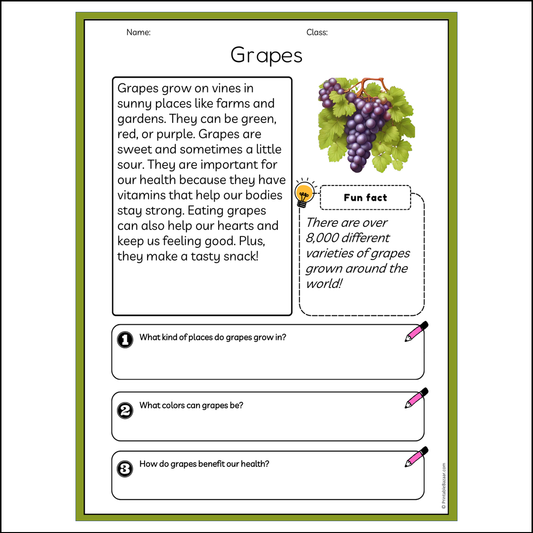 Grapes | Reading Passage Comprehension Questions Writing Facts Worksheet