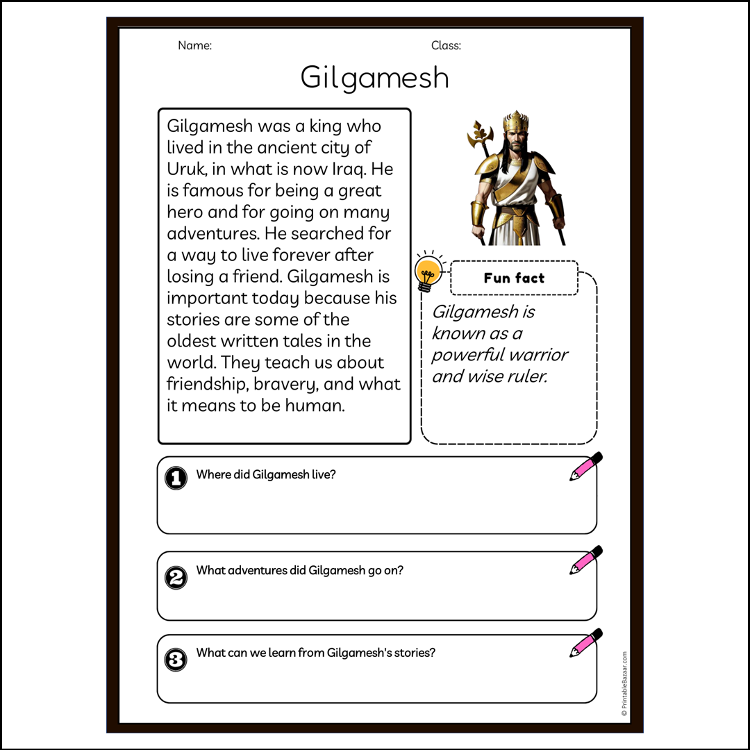 Gilgamesh | Reading Passage Comprehension Questions Writing Facts Worksheet