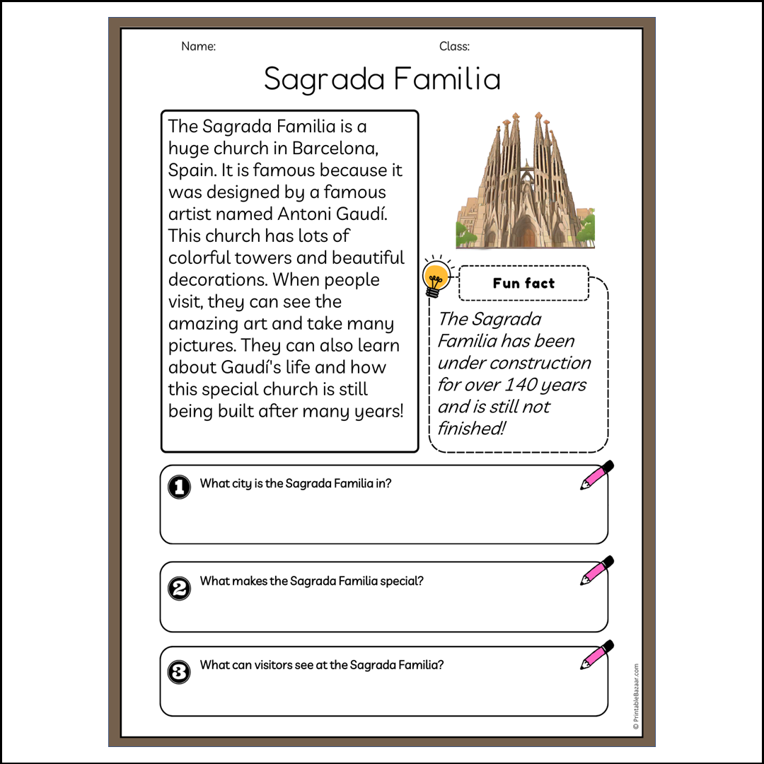 Sagrada Familia | Reading Passage Comprehension Questions Writing Facts Worksheet