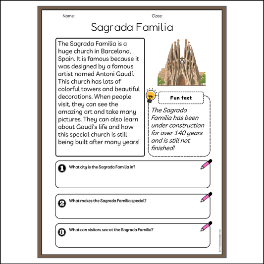 Sagrada Familia | Reading Passage Comprehension Questions Writing Facts Worksheet