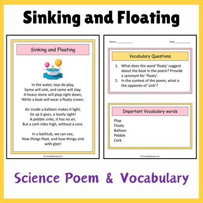 Sinking and Floating | Science Poem Reading Comprehension Activity