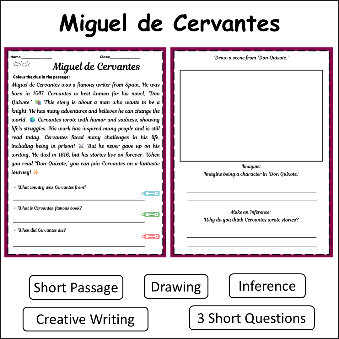 Miguel de Cervantes | Short Reading Comprehension Creative Worksheet