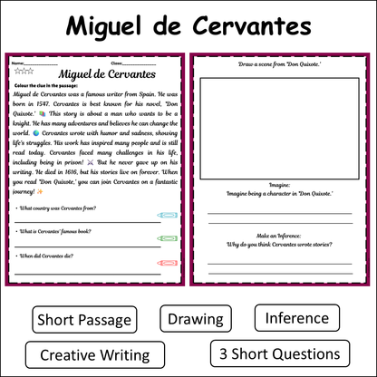 Miguel de Cervantes | Short Reading Comprehension Creative Worksheet