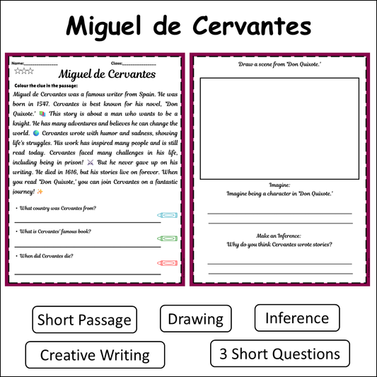 Miguel de Cervantes | Short Reading Comprehension Creative Worksheet